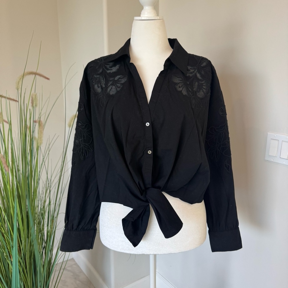 Cinq à Sept Marianna Mesh Embroidered Button-Up Shirt Black Size 12/14 L/XL